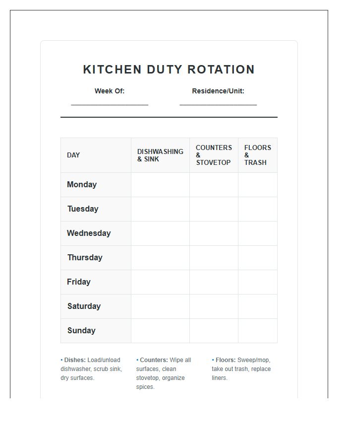 Residential Kitchen Duty Rotation Chart Printable