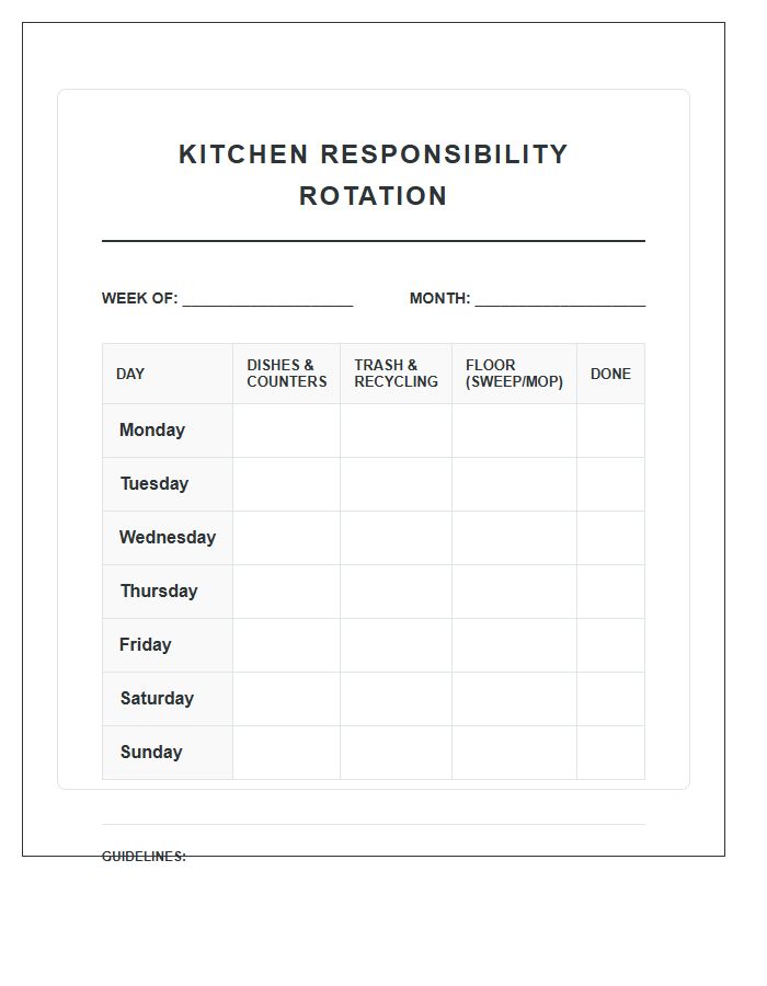 Roommate Kitchen Responsibility Rotation Chart Printable