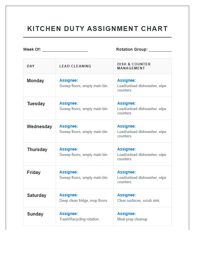 Rotating Kitchen Duty Assignment Chart Printable