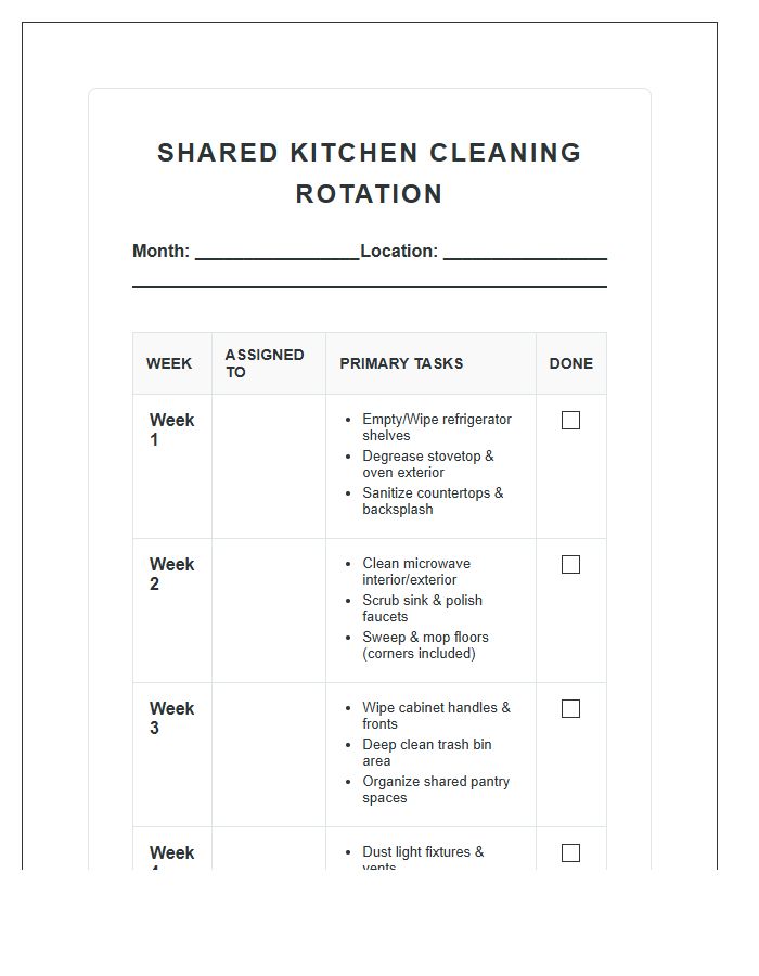 Shared Kitchen Cleaning Rotation Chart Printable