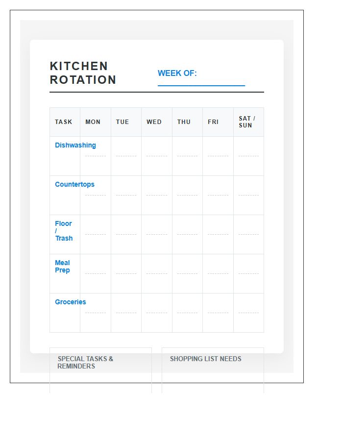 Simple Kitchen Task Rotation Chart Printable