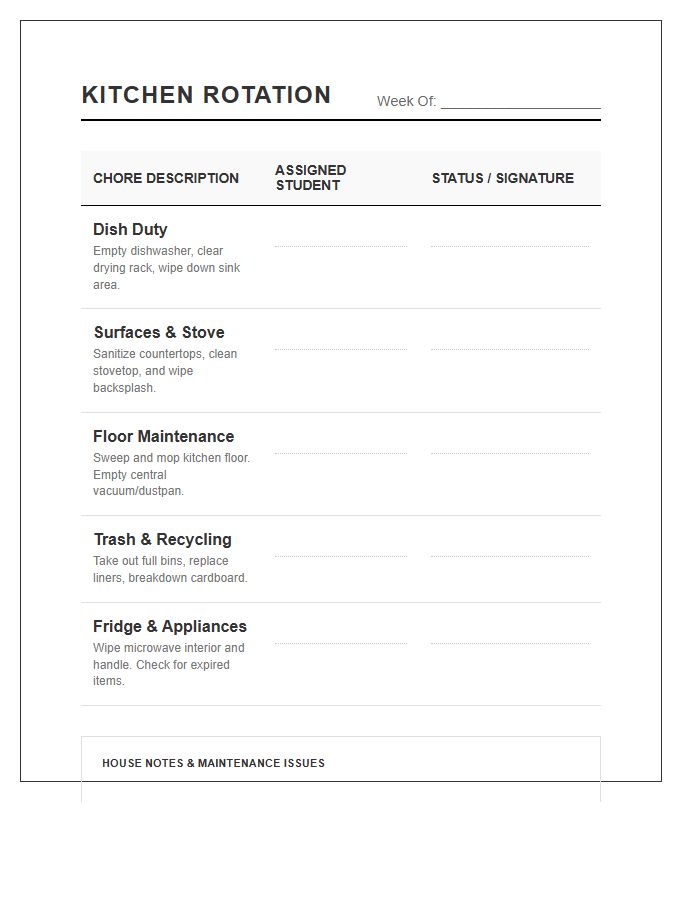 Student Housing Kitchen Rotation Chore Chart Printable