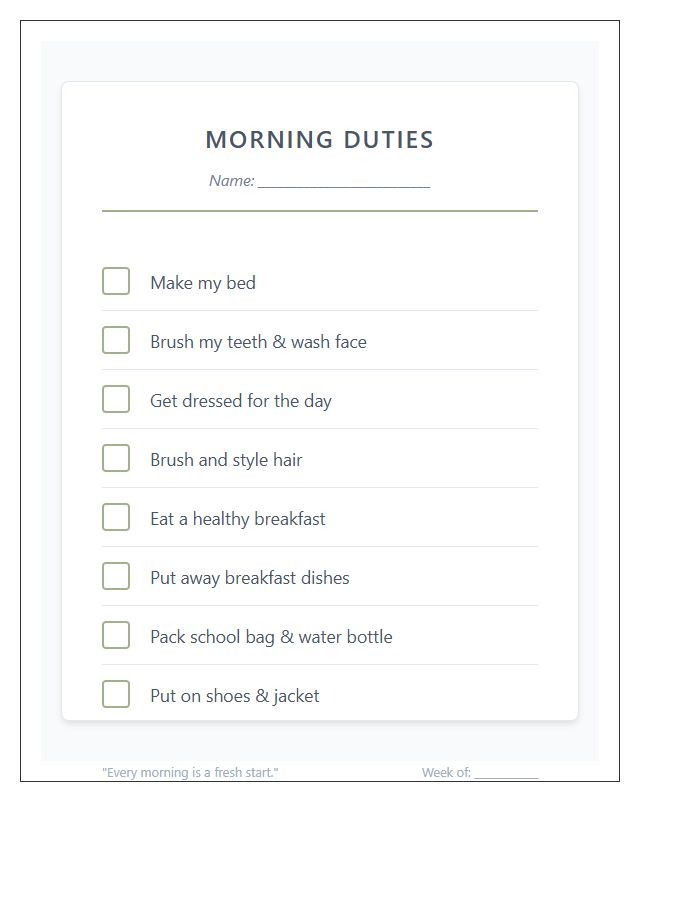 Children Morning Duties Chore Chart Printable