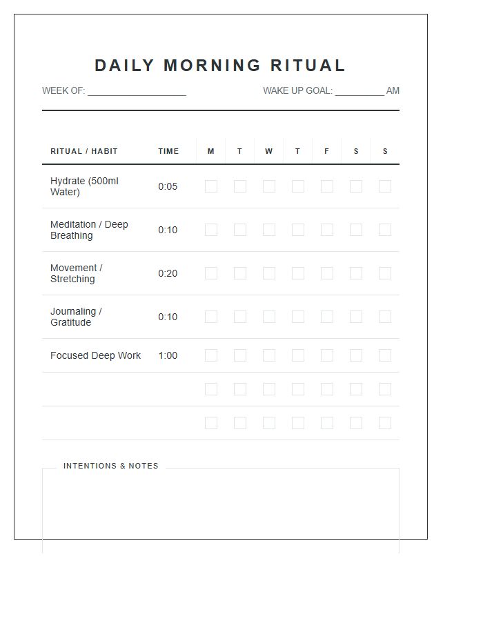 Daily Morning Ritual Checklist Chart Printable