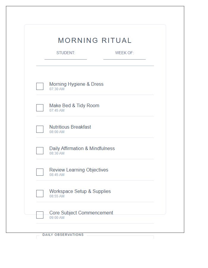 Homeschool Morning Ritual Task Chart Printable