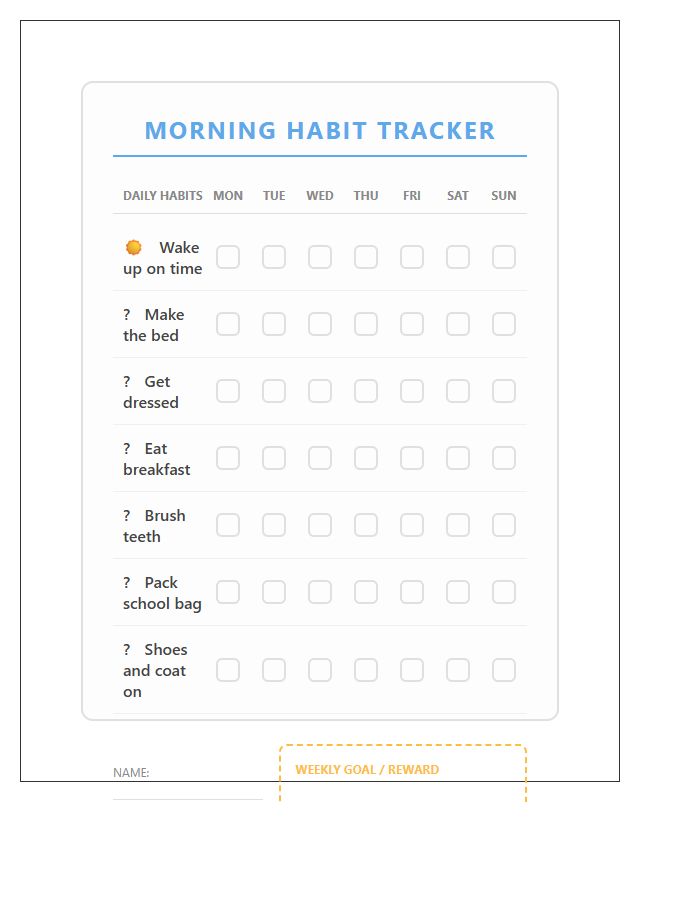 Kids Morning Habits Chore Chart Printable