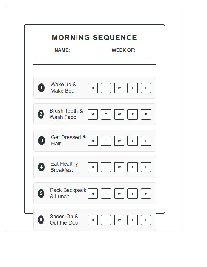 Student Morning Sequence Chore Chart Printable