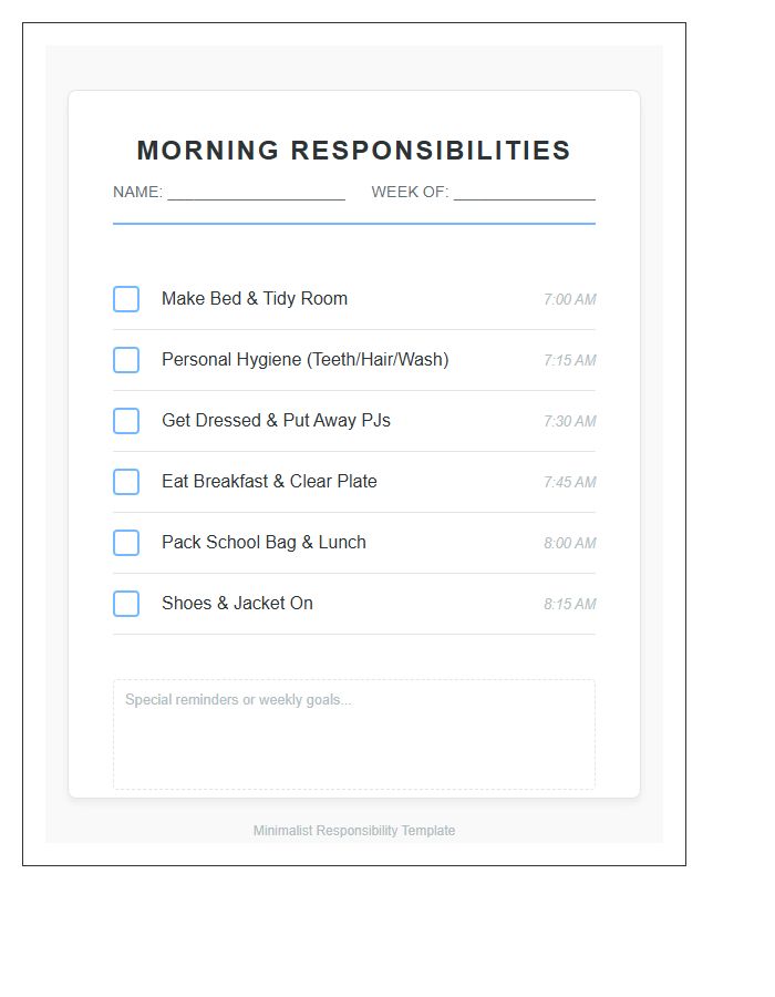 Youth Morning Responsibility Chore Chart Printable