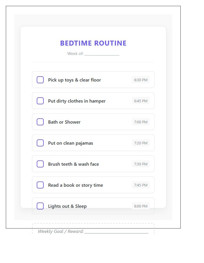 Daily Evening Bedtime Routine Chore Chart Printable