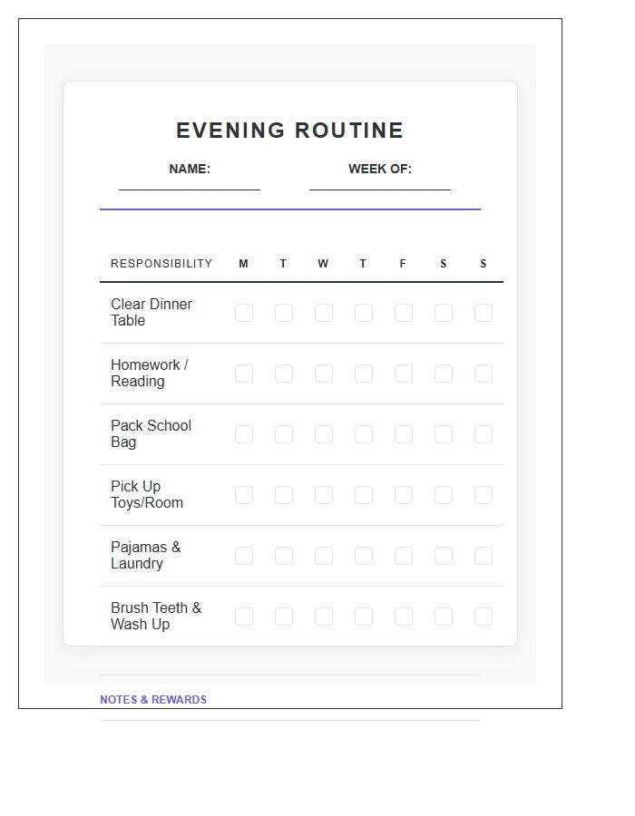 Evening Routine Responsibility Chore Chart Printable