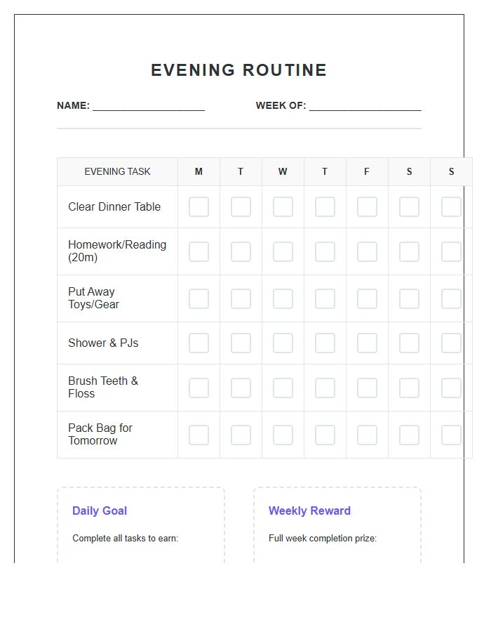 Evening Routine Rewards Chore Chart Printable