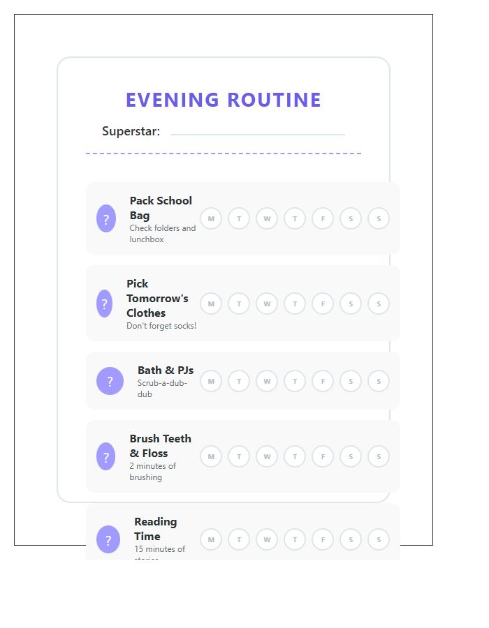 Kids Evening Habits Routine Chore Chart Printable