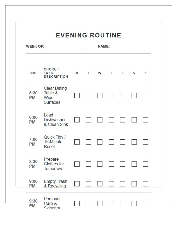 Organized Evening Routine Chore Chart Printable