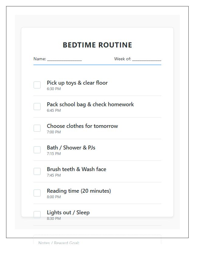 School Night Bedtime Routine Chore Chart Printable