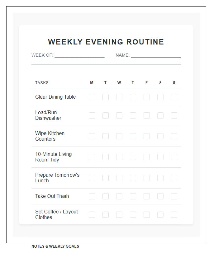 Weekly Evening Routine Chore Chart Printable