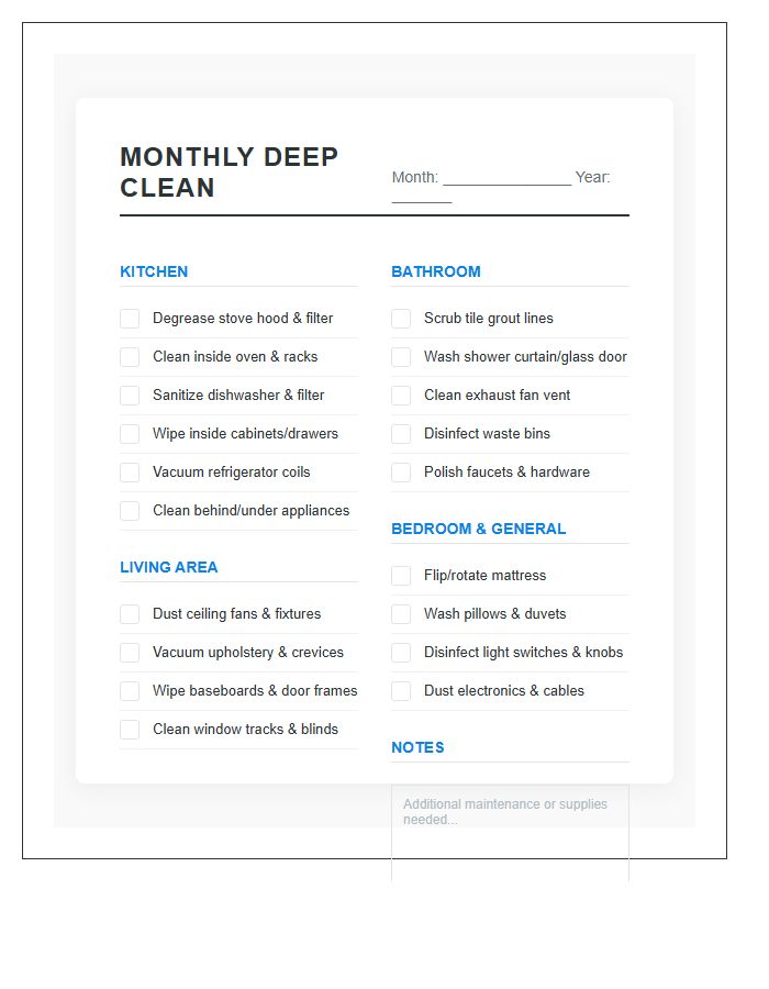 Apartment Monthly Deep Cleaning Chore Chart Printable