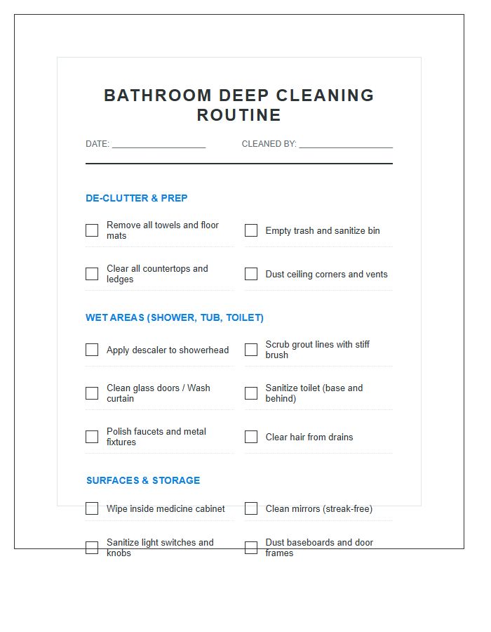 Bathroom Deep Cleaning Routine Chart Printable