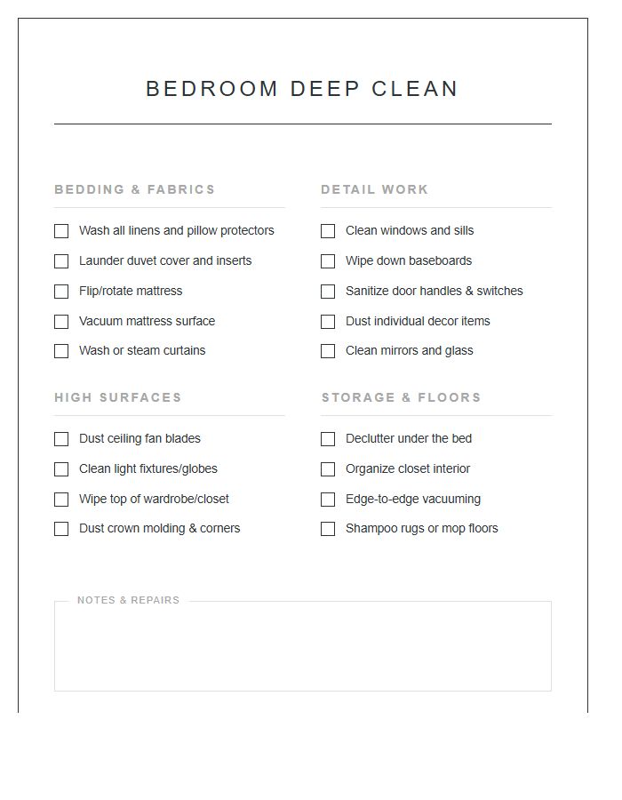 Bedroom Deep Cleaning Schedule Chart Printable