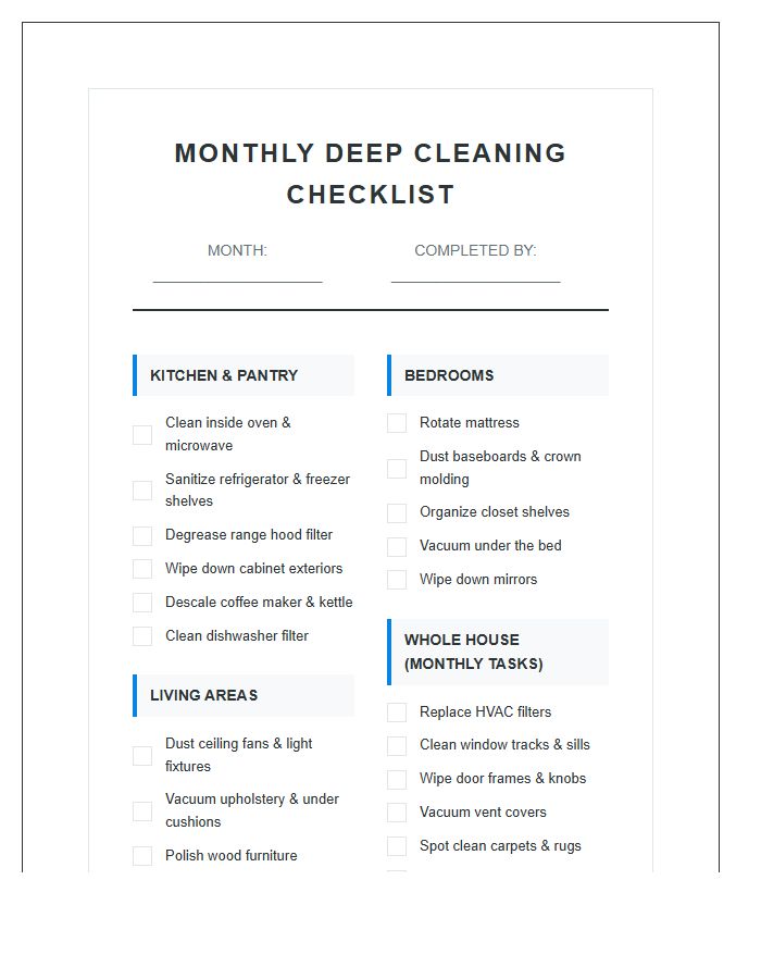 Comprehensive Monthly Deep Cleaning Chore Chart Printable
