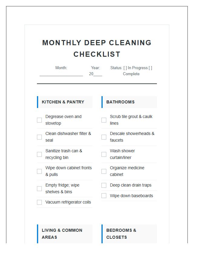 Detailed Monthly Deep Cleaning Checklist Chart Printable