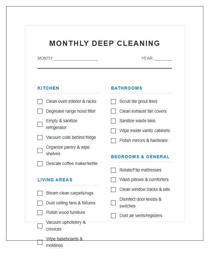 Essential Monthly Deep Cleaning Chore Chart Printable
