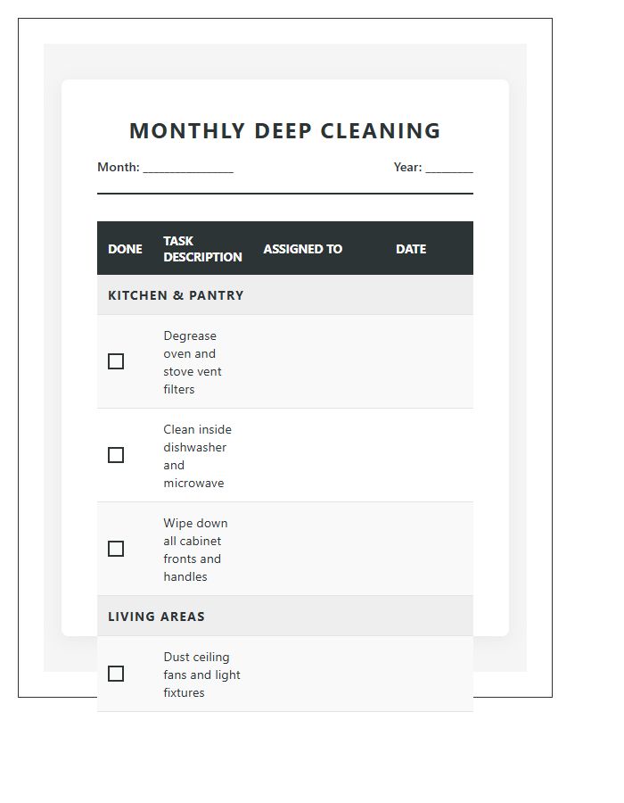 Family Monthly Deep Cleaning Chore Chart Printable