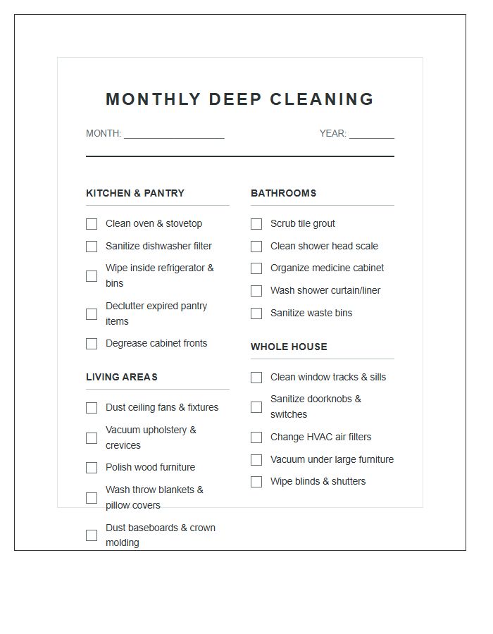 Home Organization Monthly Deep Cleaning Chart Printable