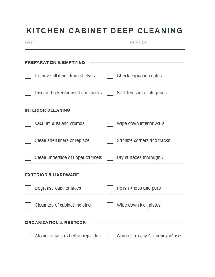 Kitchen Cabinet Deep Cleaning Chore Chart Printable