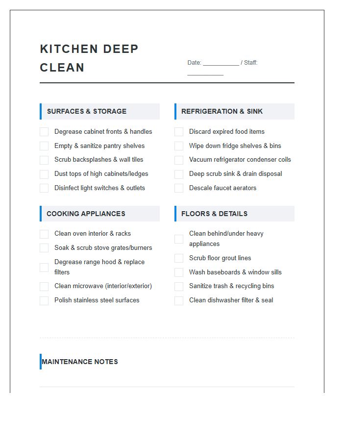 Kitchen Deep Cleaning Checklist Chart Printable