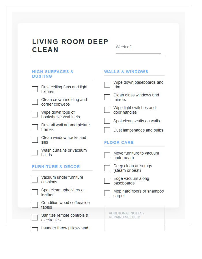 Living Room Deep Cleaning Task Chart Printable