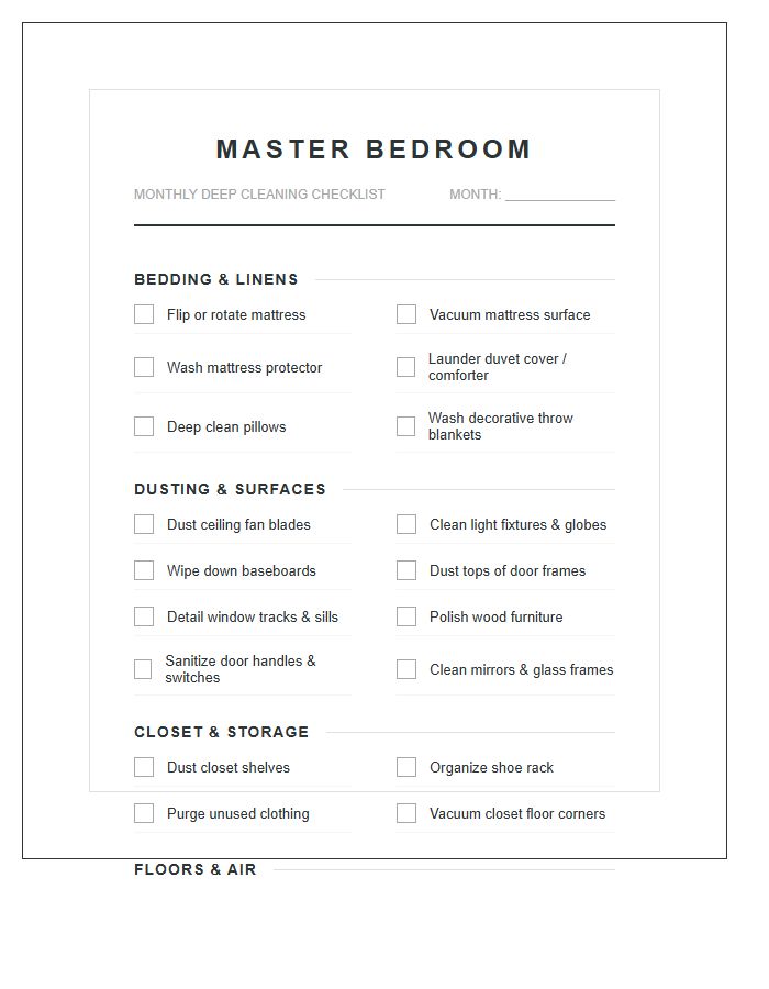Master Bedroom Monthly Deep Cleaning Chart Printable