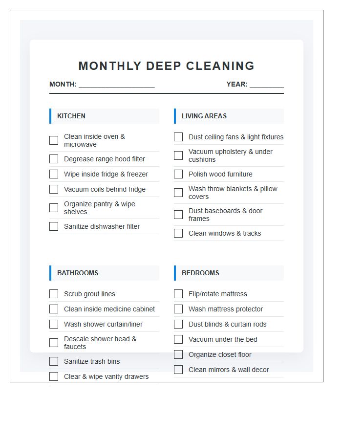 Monthly Deep Cleaning Chore Chart Printable