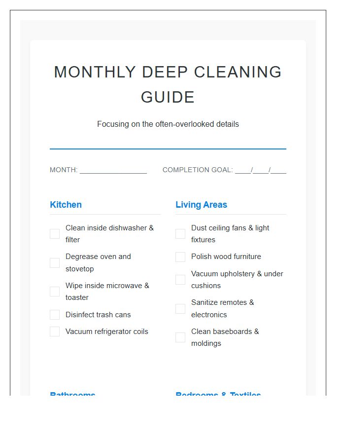 Monthly Deep Cleaning Guide And Chart Printable