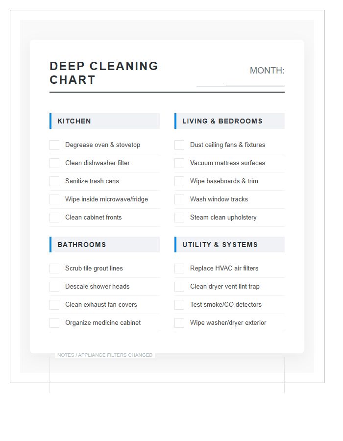 Monthly Home Maintenance Deep Cleaning Chart Printable