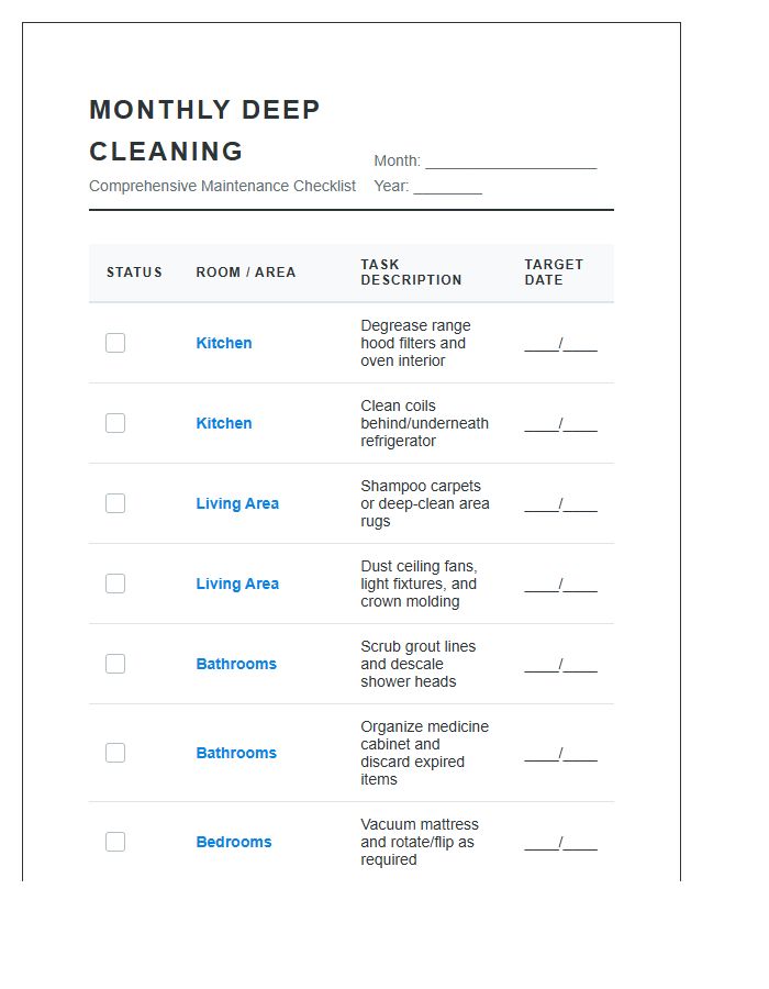 Professional Style Monthly Deep Cleaning Chart Printable