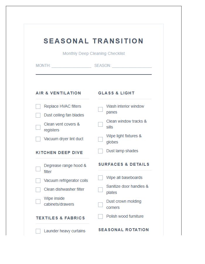 Seasonal Transition Monthly Deep Cleaning Chart Printable