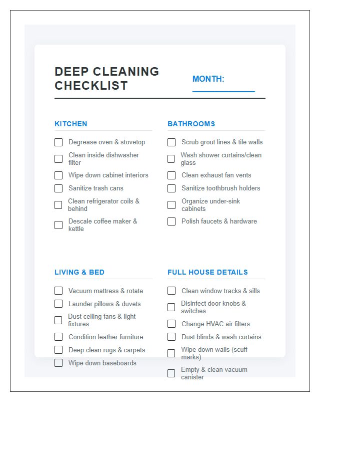 Systematic Monthly Deep Cleaning Task Chart Printable
