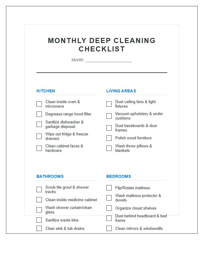 Whole House Monthly Deep Cleaning Chart Printable