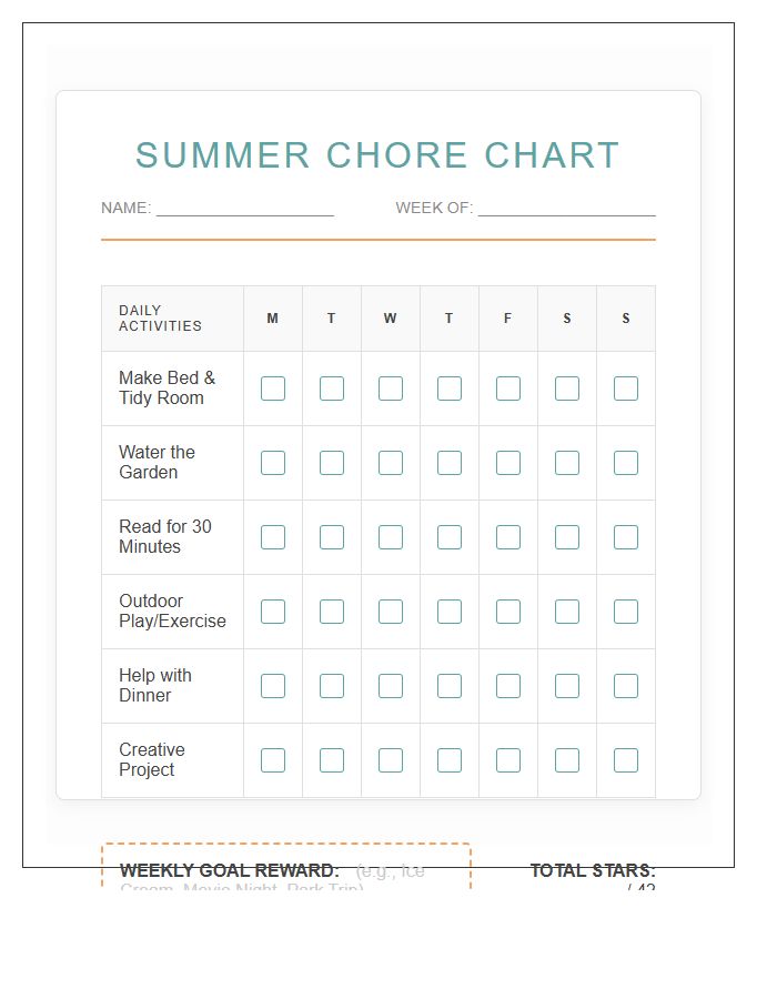 Creative Summer Activities Chore Chart Printable