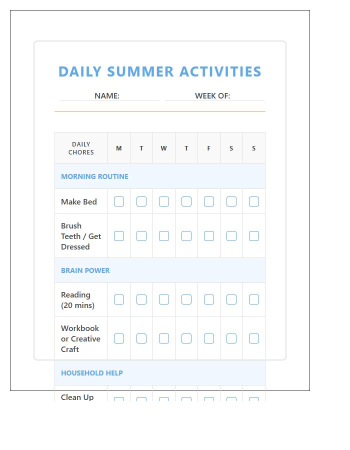Daily Summer Activities Chore Chart Printable