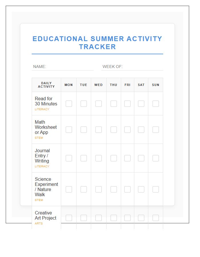 Educational Summer Activities Chore Chart Printable
