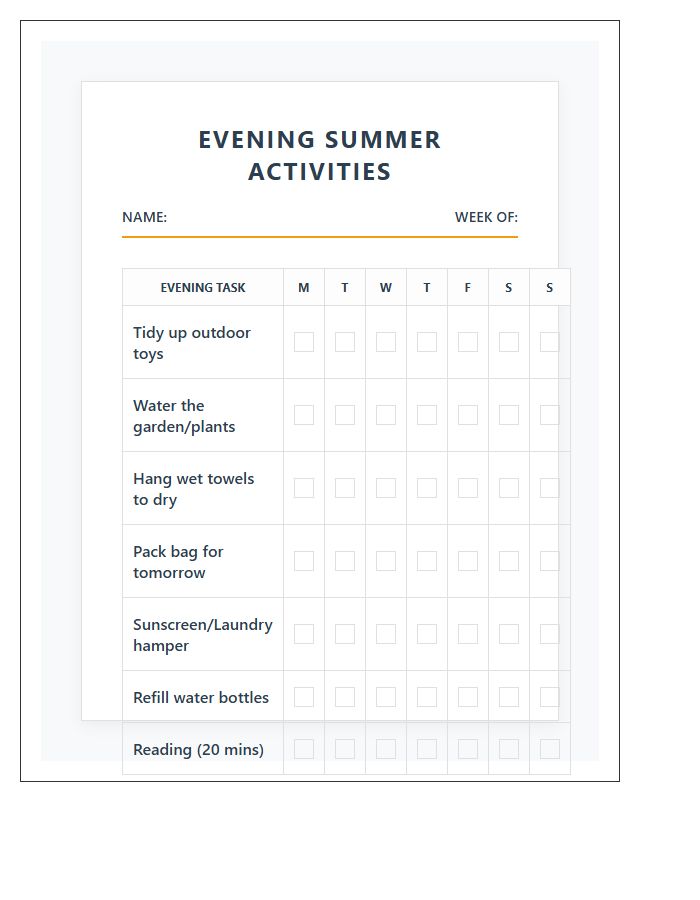 Evening Summer Activities Chore Chart Printable