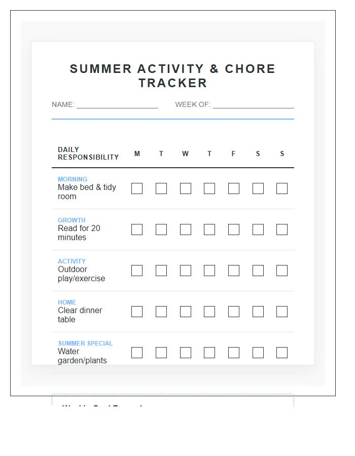 Family Summer Activities Chore Chart Printable