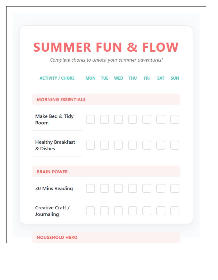 Fun Summer Break Activities Chore Chart Printable