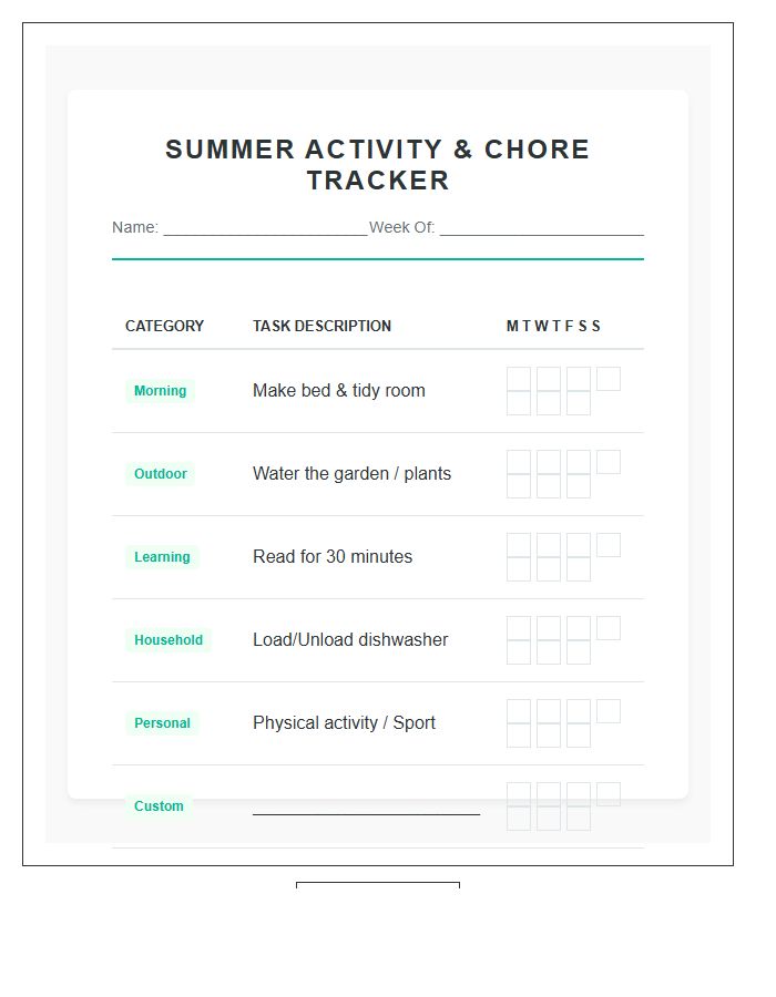 Home Summer Activities Chore Chart Printable