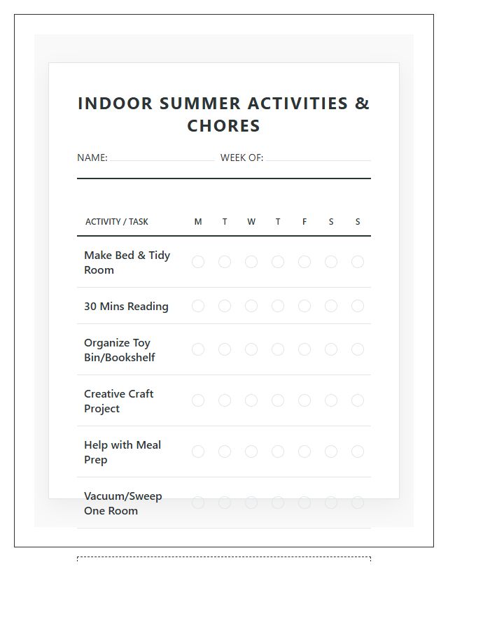 Indoor Summer Activities Chore Chart Printable