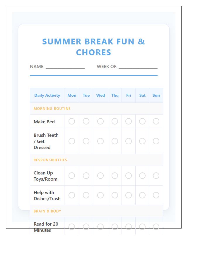 Kids Summer Break Activities Chore Chart Printable