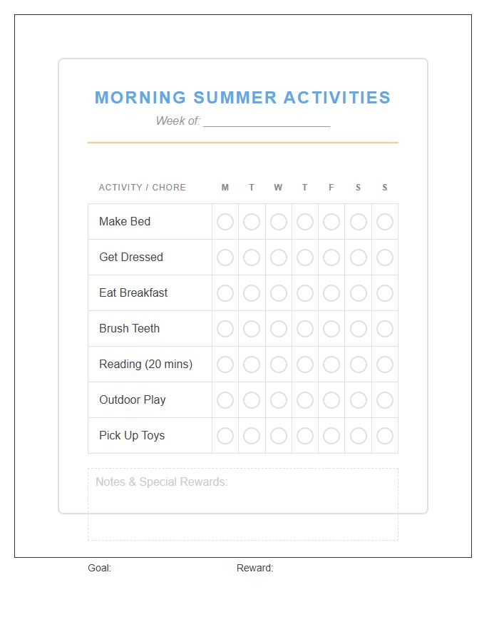 Morning Summer Activities Chore Chart Printable