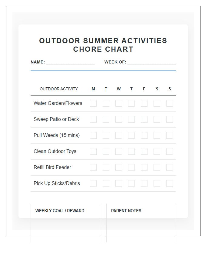 Outdoor Summer Activities Chore Chart Printable