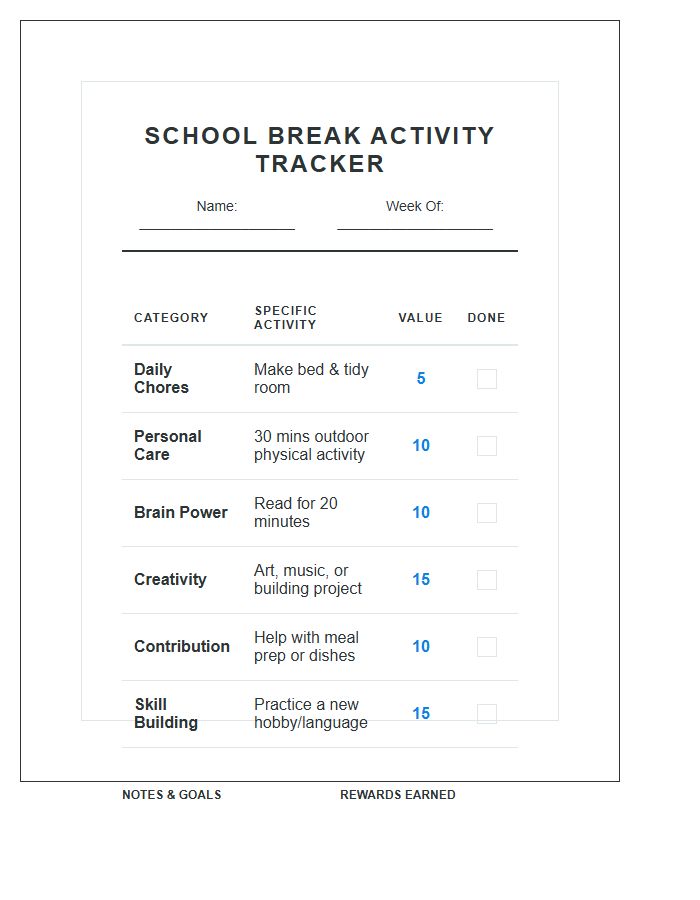 School Break Activities Chore Chart Printable